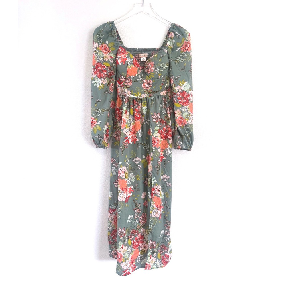 BOG Collective | Green‎ Floral Print Long-Sleeve Midi Dress Sweetheart Neck